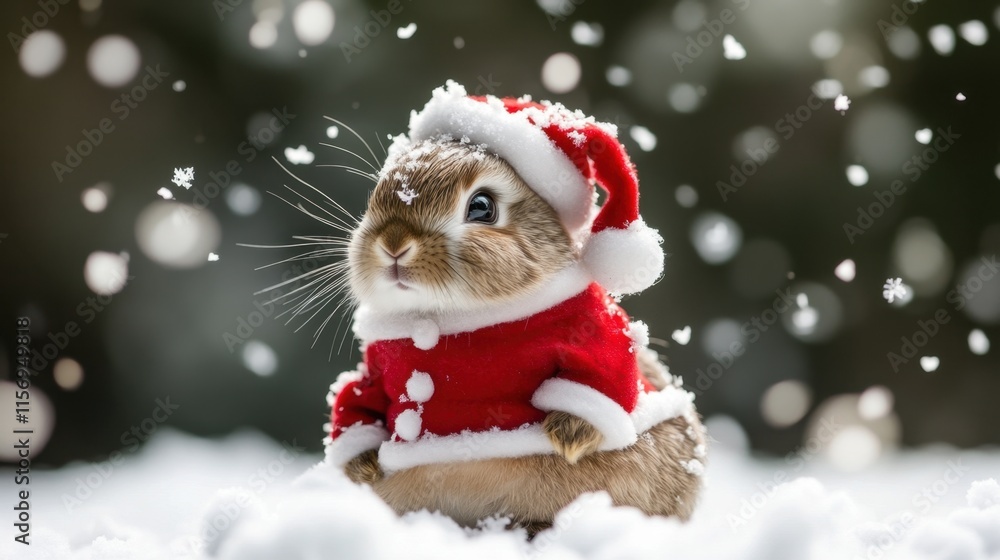 Adorable Bunny in Santa Hat Surrounded by Snow During Winter Adorable Bunny in Santa Hat Surrounded by Snow During Winter
