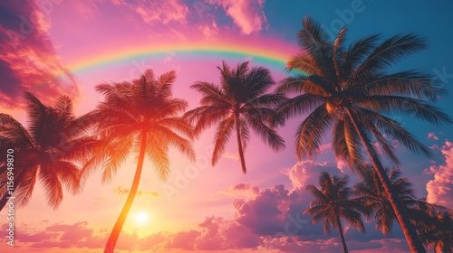 Tall Palm Trees Under a Vibrant Rainbow Sky