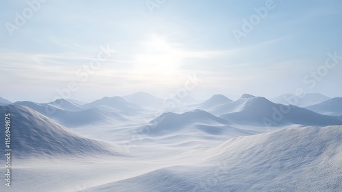 Serene 3D Render: Vast, Snow-Covered Mountains at Dawn. AI Generated