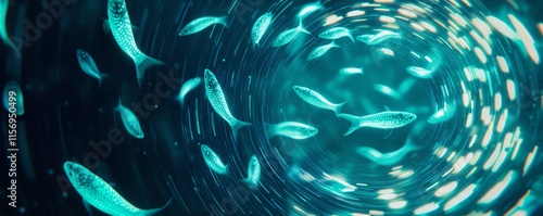 Low-angle view of bioluminescent fish swimming through a neon-lit urban landscape, merging nature with technology photo