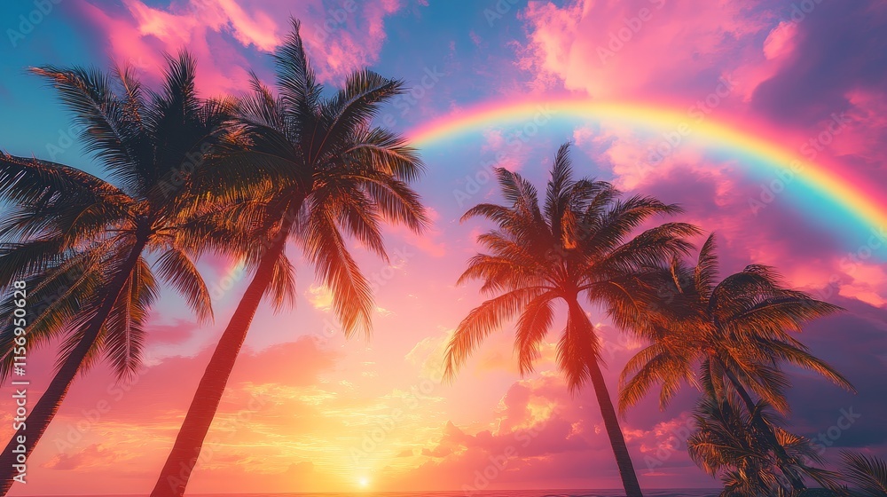 Naklejka premium Tall Palm Trees Under a Vibrant Rainbow Sky