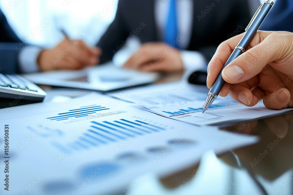 Group of businesspeople in formal attire reviewing financial reports during a high-stakes boardroom meeting. Group of businesspeople in formal attire reviewing financial reports during a high-stakes boardroom meeting.