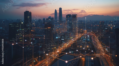 Wallpaper Mural Smart digital Innovation city with connection network reciprocity over the cityscape. of future smart wireless digital city and social media networking systems that connects people with in city Torontodigital.ca