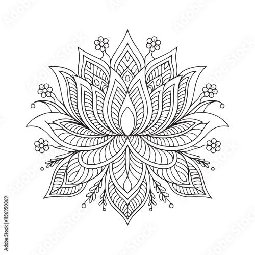 Intricate Black and White Lotus Flower Drawing with Leaves and Floral Details for floral mandala. Geometric ornamental mandalas