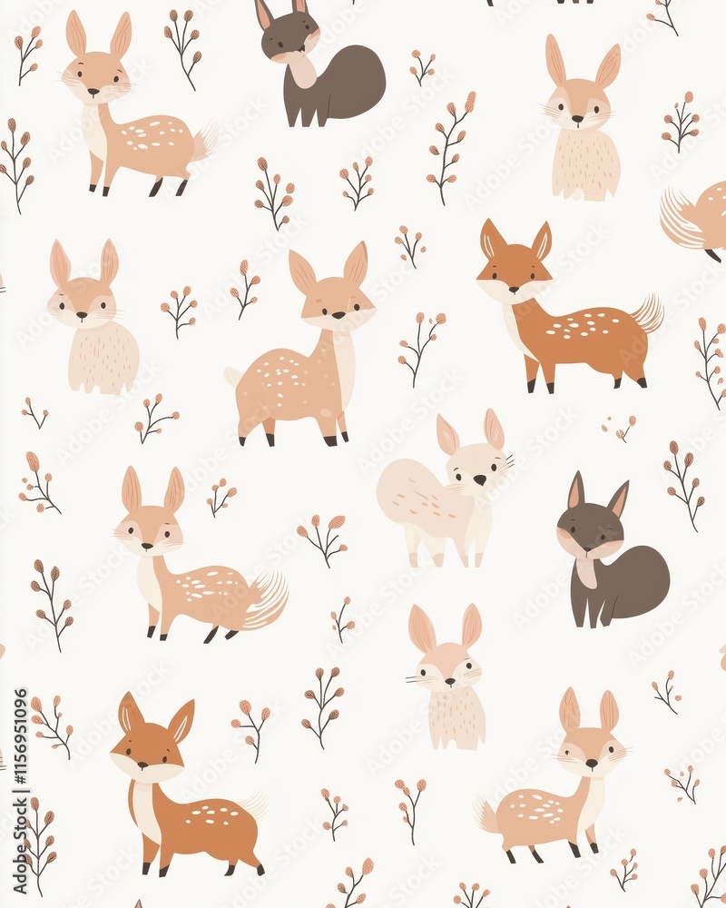 Fototapeta premium Naive Muster mit Hasen und kleinen Blumen