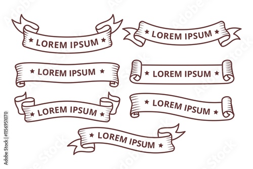 vector set of lineart ribbon banner retro image assets
