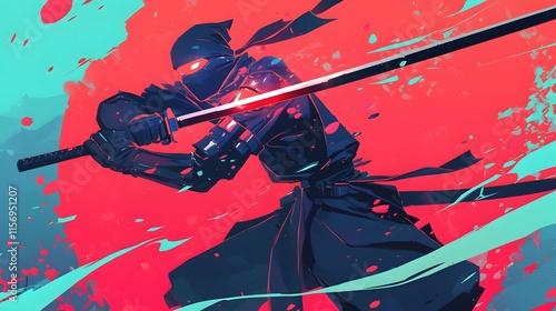 A stylized ninja figure with glowing elements and a katana set against a vibrant background photo