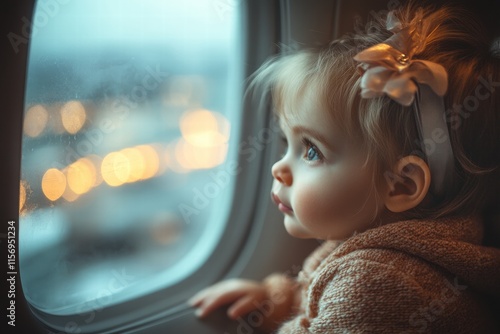 Curious baby gazing out of an airplane window during flight