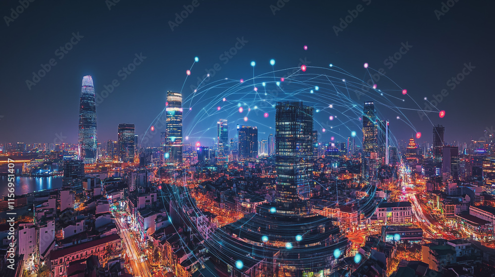 Fototapeta premium Smart digital Innovation city with connection network reciprocity over the cityscape. of future smart wireless digital city and social media networking systems that connects people with in city