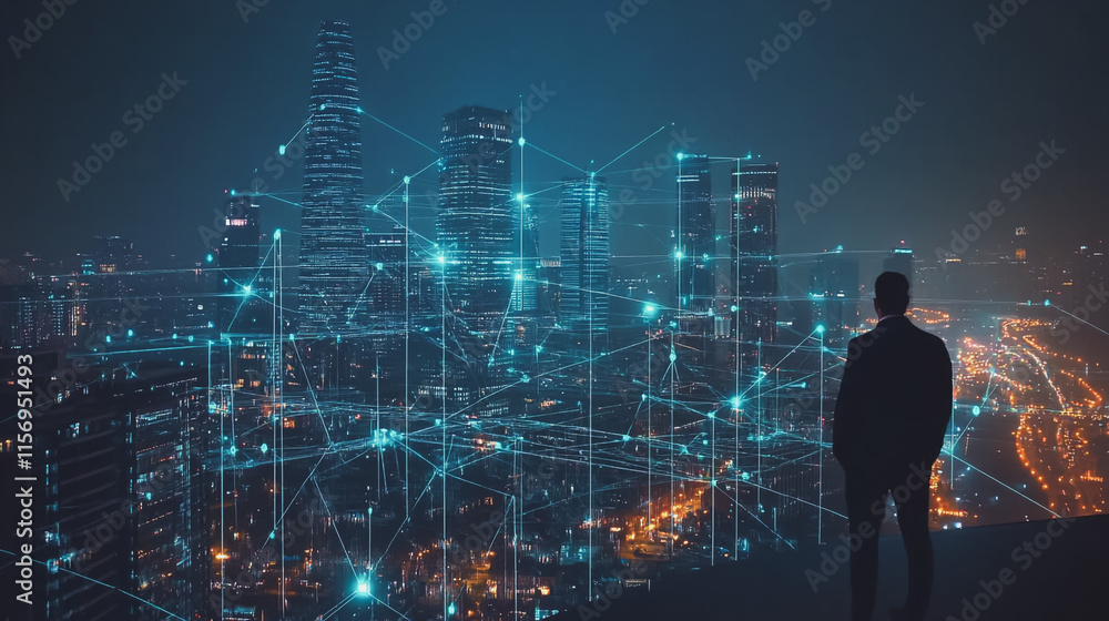 Smart digital Innovation city with connection network reciprocity over the cityscape. of future smart wireless digital city and social media networking systems that connects people with in city Smart digital Innovation city with connection network reciprocity over the cityscape. of future smart wireless digital city and social media networking systems that connects people with in city