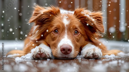 A brown and white dog relaxing in the snow, great for winter or seasonal themes  photo