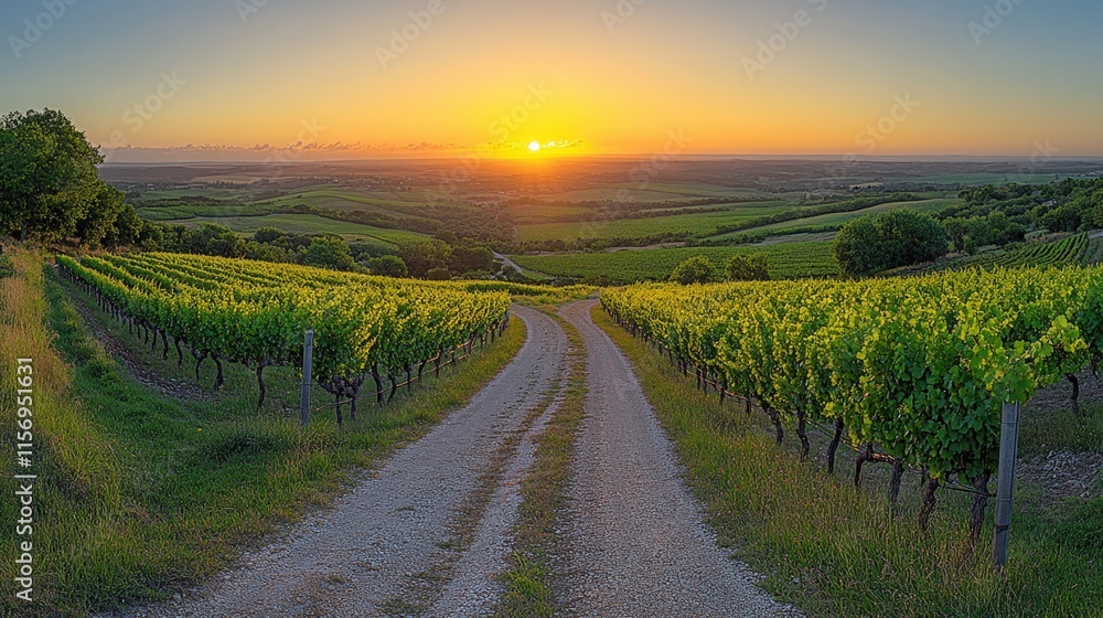 Fototapeta premium Scenic sunset over vineyard with dirt road.