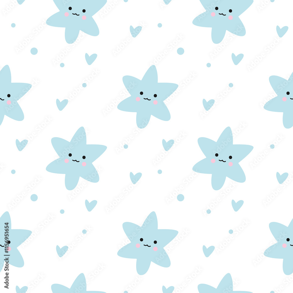 Pattern of light blue stars with smiling faces, small pink cheeks, and black eyes and mouths, scattered among small light blue hearts and dots. Pattern of light blue stars with smiling faces, small pink cheeks, and black eyes and mouths, scattered among small light blue hearts and dots.