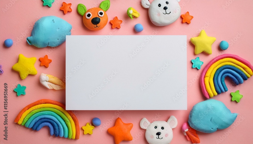 Blank white card surrounded by kawaii handmade plasticine animals, stars, and rainbows on a pastel pink background, ideal for scrapbooking or baby photo books Blank white card surrounded by kawaii handmade plasticine animals, stars, and rainbows on a pastel pink background, ideal for scrapbooking or baby photo books