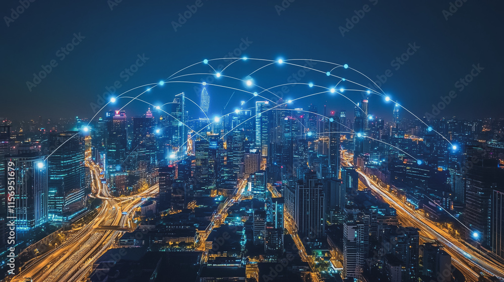 Fototapeta premium Smart digital Innovation city with connection network reciprocity over the cityscape. of future smart wireless digital city and social media networking systems that connects people with in city