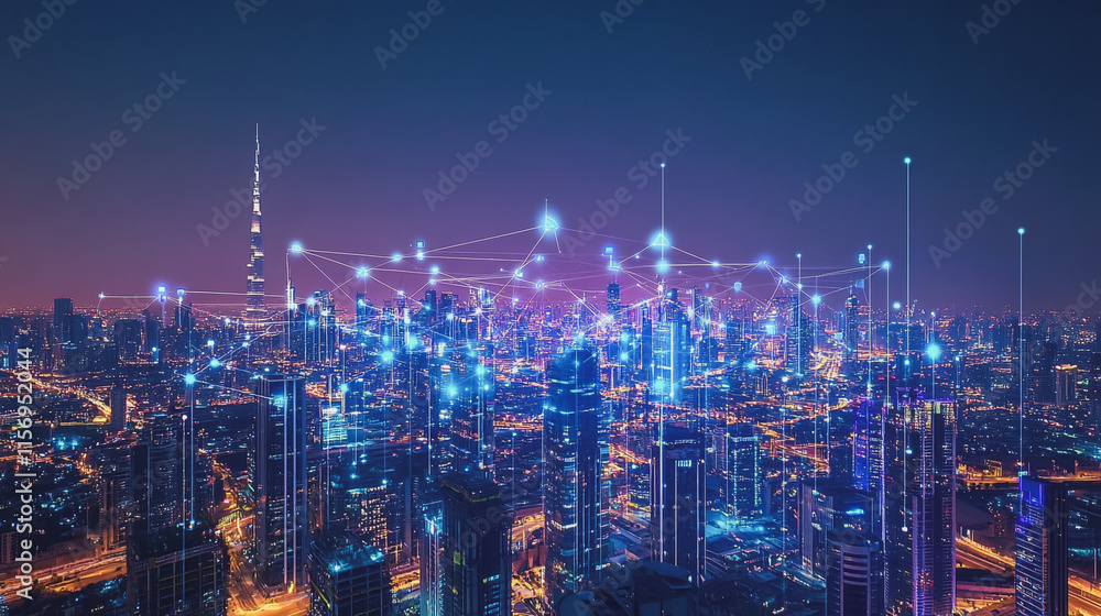 Fototapeta premium Smart digital Innovation city with connection network reciprocity over the cityscape. of future smart wireless digital city and social media networking systems that connects people with in city