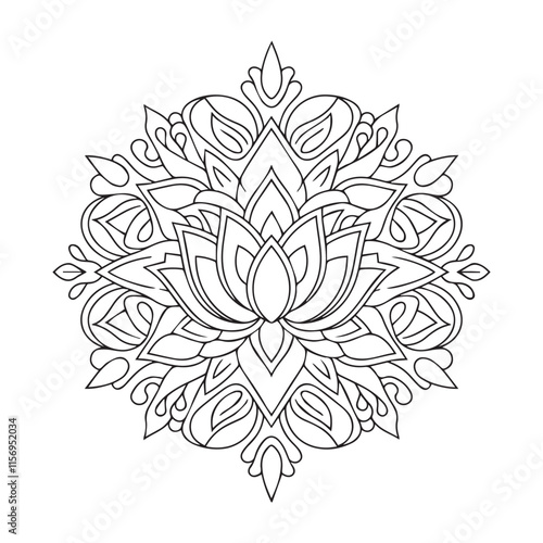 Intricate Black and White Lotus Flower Drawing with Leaves and Floral Details for floral mandala. Geometric ornamental mandalas