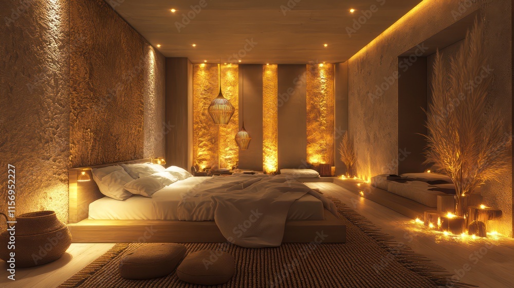 Obraz premium A peaceful bedroom with golden ambient lights, textured walls, and natural elements throughout