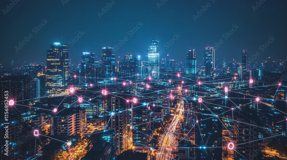 Fototapeta premium Smart digital Innovation city with connection network reciprocity over the cityscape. of future smart wireless digital city and social media networking systems that connects people with in city