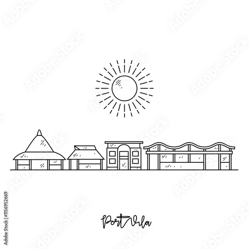 Simple sketch drawing of Port Vila skyline vector illustration. Modern city in Oceania in simple linear style vector design concept. One of big city in Pacific. Iconic architectural building design.