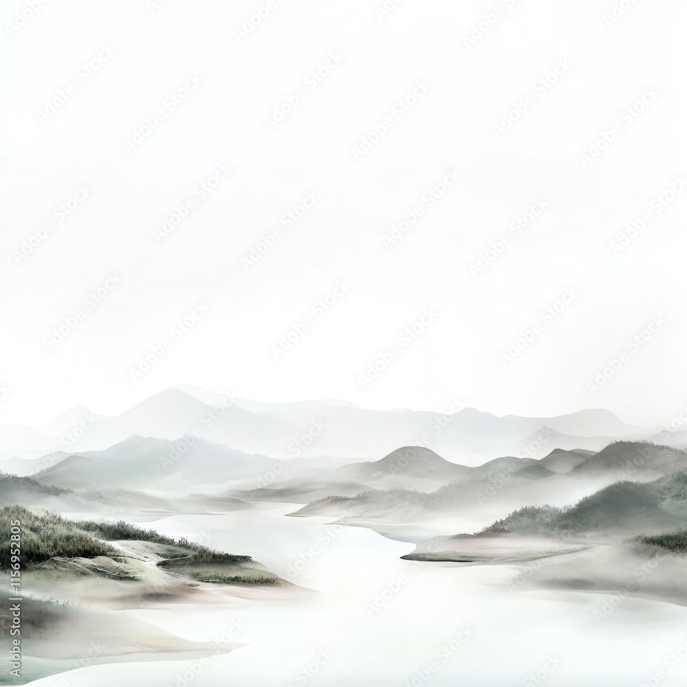 Side view of a calm landscape, ethereal scenery interwoven with minimalism, gentle flowing streams and whispers of magic Side view of a calm landscape, ethereal scenery interwoven with minimalism, gentle flowing streams and whispers of magic