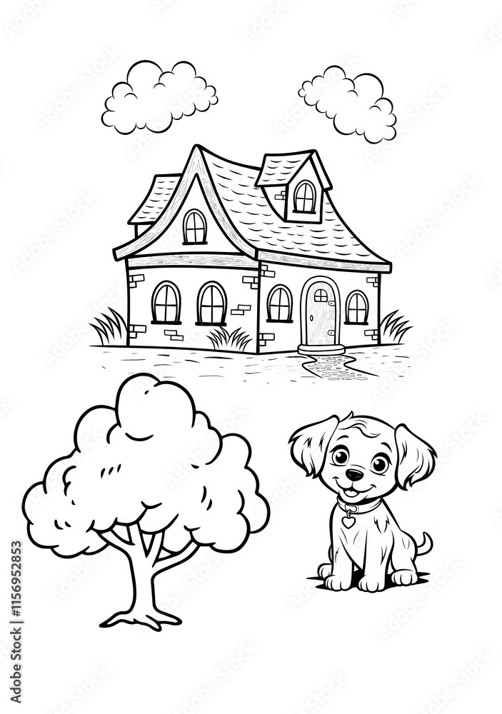 home dog and tree colouring page for kids and adults in doodle sketch style, vector illustration home dog and tree colouring page for kids and adults in doodle sketch style, vector illustration