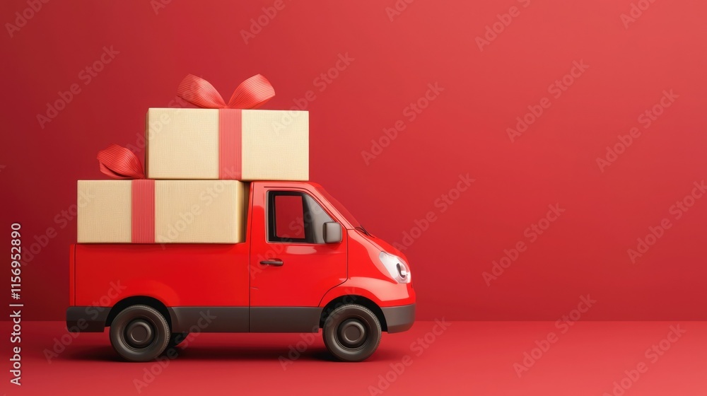 Delivery truck carrying wrapped gifts on a solid red background creates a festive atmosphere perfect for celebrations Delivery truck carrying wrapped gifts on a solid red background creates a festive atmosphere perfect for celebrations