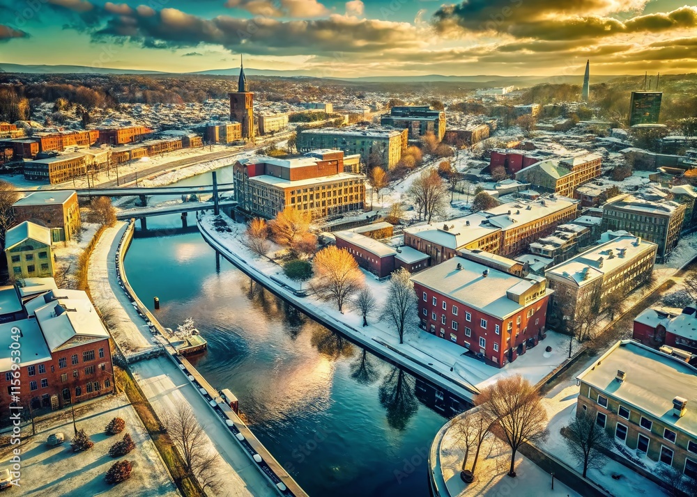 Obraz premium Lowell Massachusetts Aerial Winter Vintage Photograph - Early Winter Cityscape