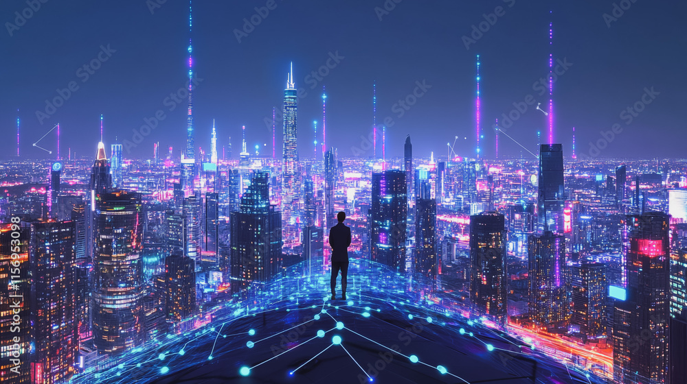Obraz premium Smart digital Innovation city with connection network reciprocity over the cityscape. of future smart wireless digital city and social media networking systems that connects people with in city