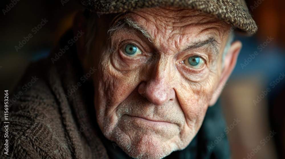 Elderly man with striking blue eyes gazing thoughtfully at the camera in a cozy indoor setting during the day Elderly man with striking blue eyes gazing thoughtfully at the camera in a cozy indoor setting during the day
