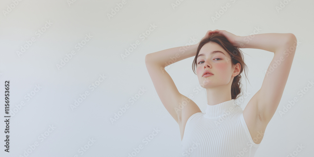 Young Woman in White Sleeveless Top Against White Background Young Woman in White Sleeveless Top Against White Background