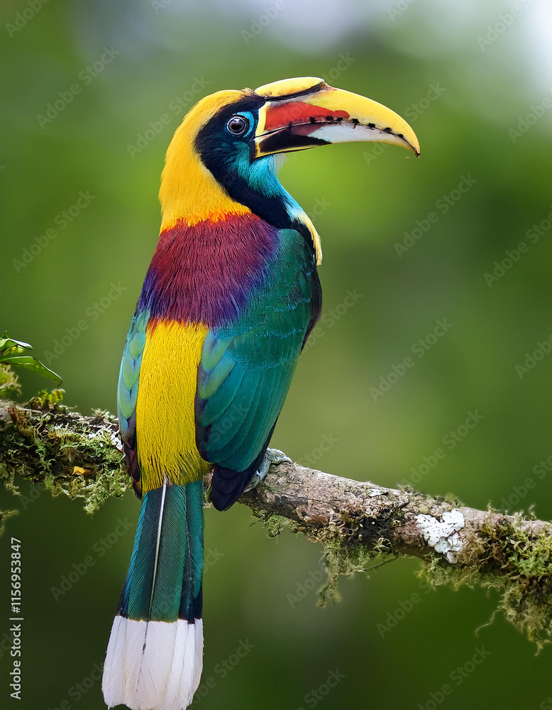 Obraz premium Vibrant Emerald Toucan Rainforest Bird, Colorful Plumage, Tropical Wildlife