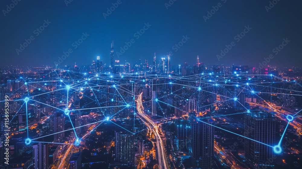 Smart digital Innovation city with connection network reciprocity over the cityscape. of future smart wireless digital city and social media networking systems that connects people with in city Smart digital Innovation city with connection network reciprocity over the cityscape. of future smart wireless digital city and social media networking systems that connects people with in city