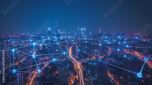 Wallpaper Mural Smart digital Innovation city with connection network reciprocity over the cityscape. of future smart wireless digital city and social media networking systems that connects people with in city Torontodigital.ca