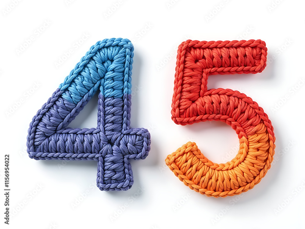 Two Colorful Crochet And Knitted Numbers 4 And 5 Isolated Against A Clean White Background For Easy Visibility. 00003 Two Colorful Crochet And Knitted Numbers 4 And 5 Isolated Against A Clean White Background For Easy Visibility. 00003
