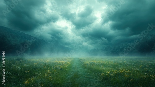 Wallpaper Mural Misty field, path, dark clouds, green trees. Torontodigital.ca