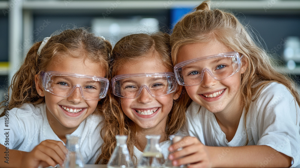Obraz premium Three smiling girls in safety goggles pose together with lab equipment, showcasing a fun science experiment in a bright, cheerful classroom.