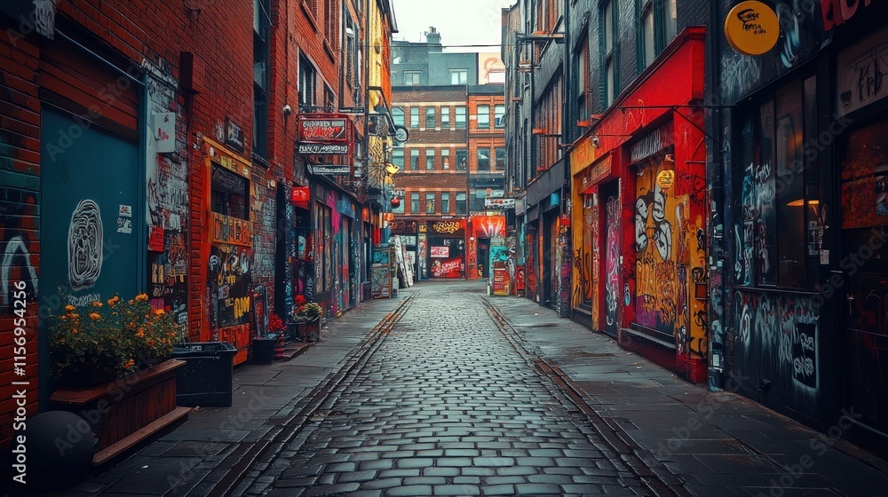 Fototapeta premium Cobblestone alleyway, graffitied buildings, urban art.