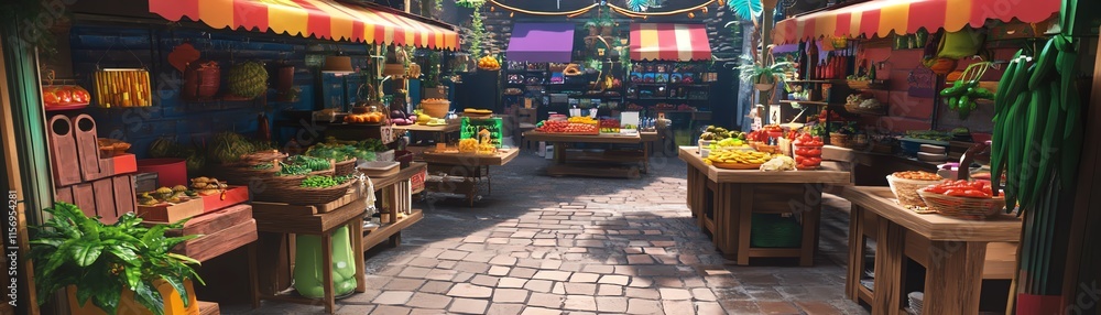 Tilted angle view of a vibrant food market in a fantasy realm, colorful stalls overflowing with exotic ingredients, whimsical atmosphere Tilted angle view of a vibrant food market in a fantasy realm, colorful stalls overflowing with exotic ingredients, whimsical atmosphere