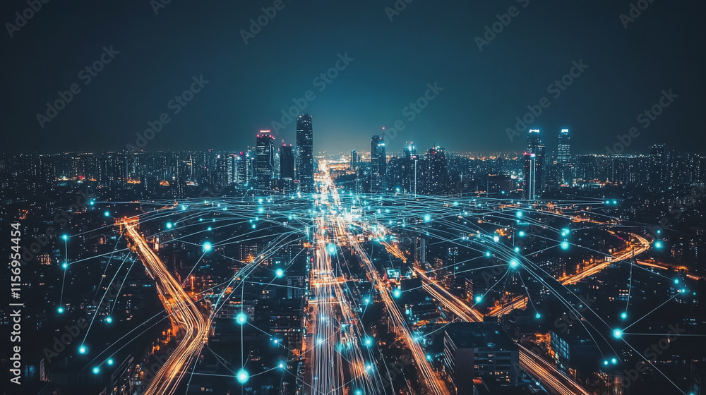Obraz premium Smart digital Innovation city with connection network reciprocity over the cityscape. of future smart wireless digital city and social media networking systems that connects people with in city