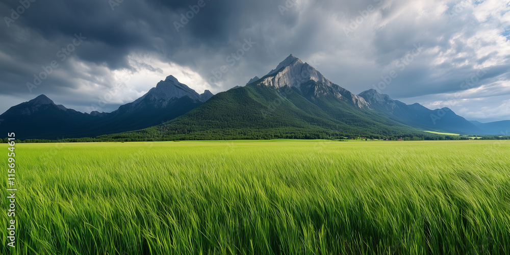 Green grass lush wheat field with tall mountains and dark clouds background Green grass lush wheat field with tall mountains and dark clouds background