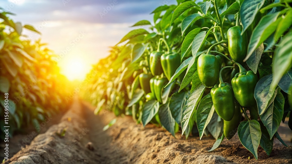 Fototapeta premium Lush Green Pepper Plants in a Row - Minimalist Garden Stock Photo