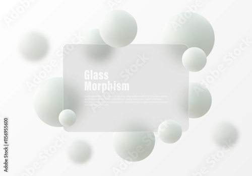 Glass morphism website landing page template. Translucent glass partition with floating spheres.