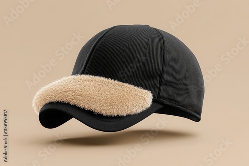 blank Earflap Hat mockup isolated on a beige background.	
 photo