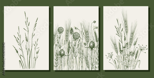 Set of cards with meadow floral arrangements. Hand drawn line art vector illustration.