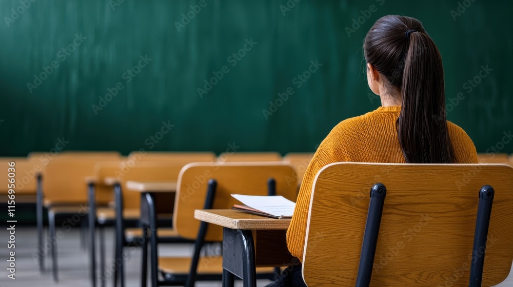A student in an orange sweater sits alone at a desk, facing a chalkboard in an empty classroom.