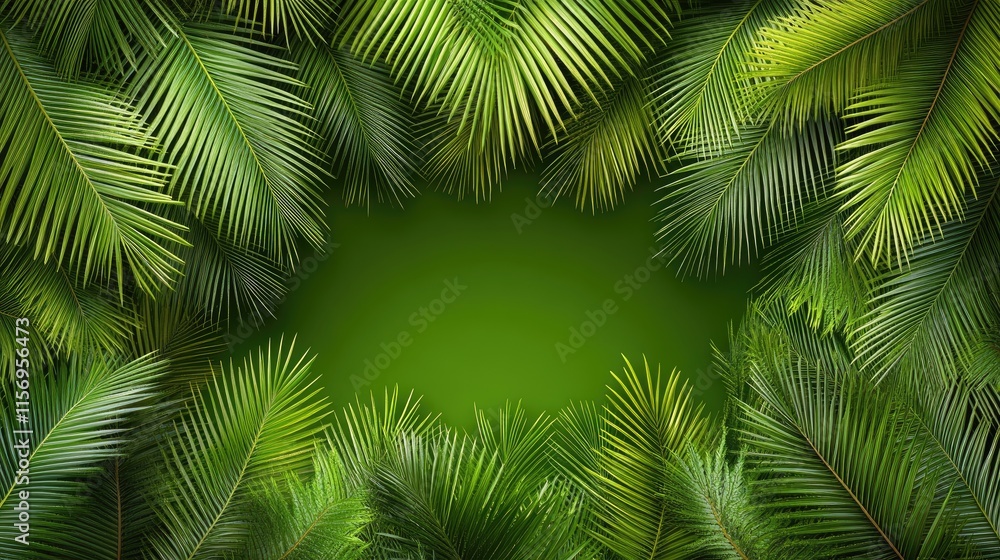 Obraz premium Tropical green palm tree leaves create a border on a textured surface, providing a vibrant and fresh backdrop for summer-themed text