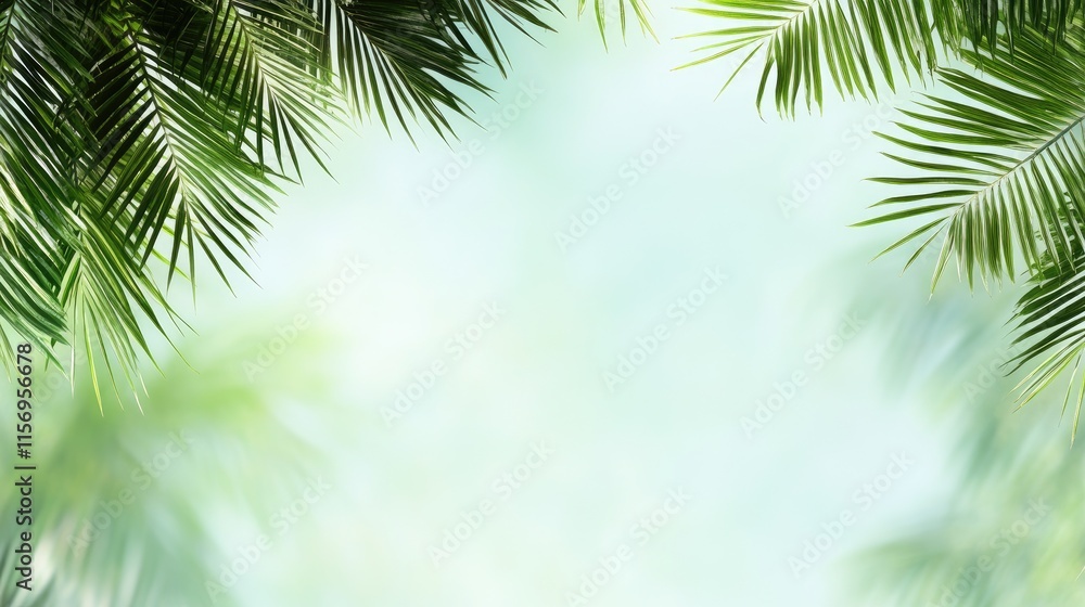 Tropical green palm tree leaves create a border on a textured surface, providing a vibrant and fresh backdrop for summer-themed text Tropical green palm tree leaves create a border on a textured surface, providing a vibrant and fresh backdrop for summer-themed text