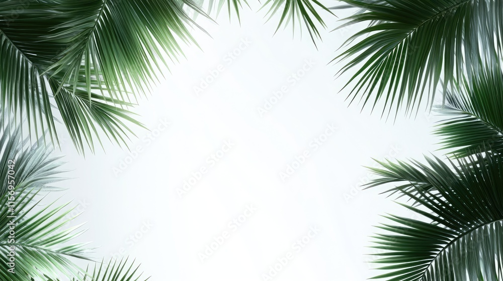 Naklejka premium Tropical green palm tree leaves create a border on a textured surface, providing a vibrant and fresh backdrop for summer-themed text