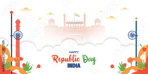 Happy republic day India wishing, greeting banner or poster with red fort background design vector illustration